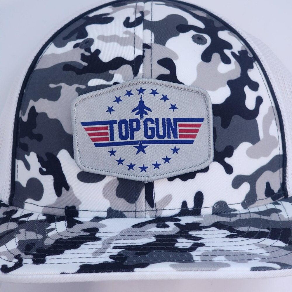TOP GUN Patched Pacific Headwear Snow Camo Flexfit Trucker Hat